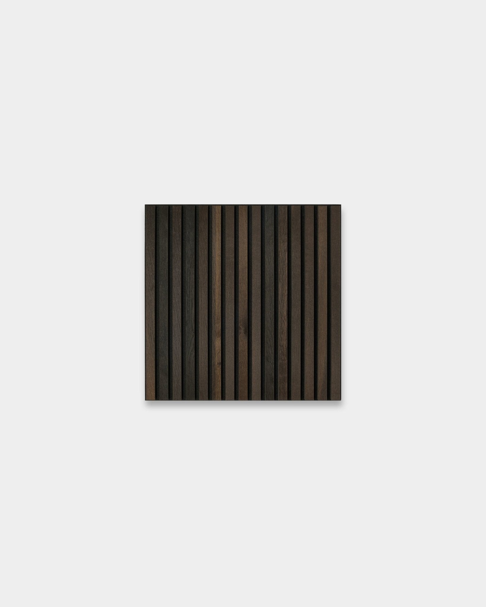 WoodUpp Akupixel Smoked Oak acoustic panel, 60x60 cm, rectangular with dark and light brown wood slats on a light gray Scandinavian-style background.